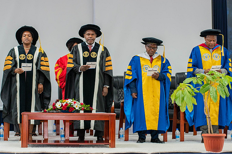 (From left) The MUBAS VC, DVC, Executive Dean for the School of Education, Communication and Media Studies Dr. Kizito Kanyoma and Executive Dean for the School of Engineering Prof. Bunert Mkandawire singing the MUBAS Anthem.