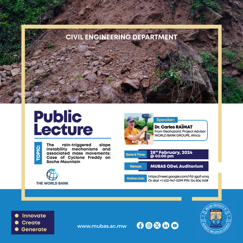 Public Lecture- The rain-triggered slope instability mechanisms and associated mass movements: Case of Cyclone Freddy on Soche Mountain