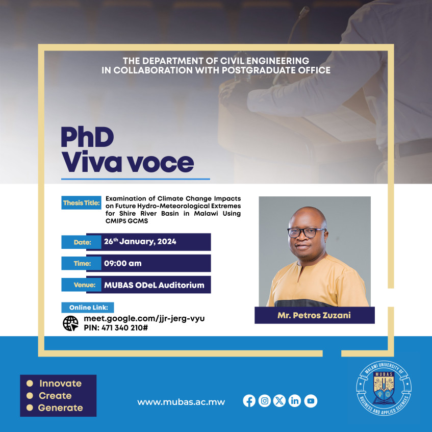 PhD Viva voce:  Examination of Climate Change Impacts on Future Hydro-Meteorological Extremes for Shire River Basin in Malawi Using CMIP5 GCMS