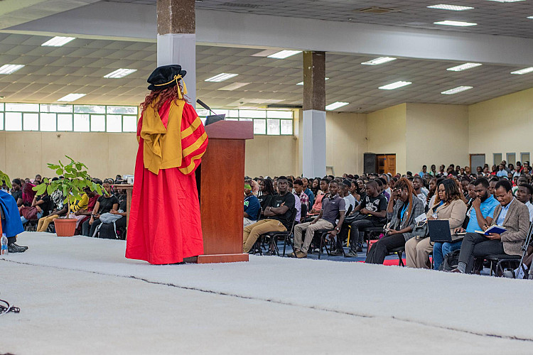 Director of Students Affairs, Dr. Gertrude Sitolo, addressing the students