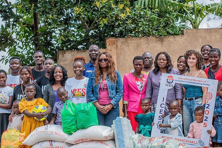 Civil engineering, BAHASI children and officials posing with the donated items